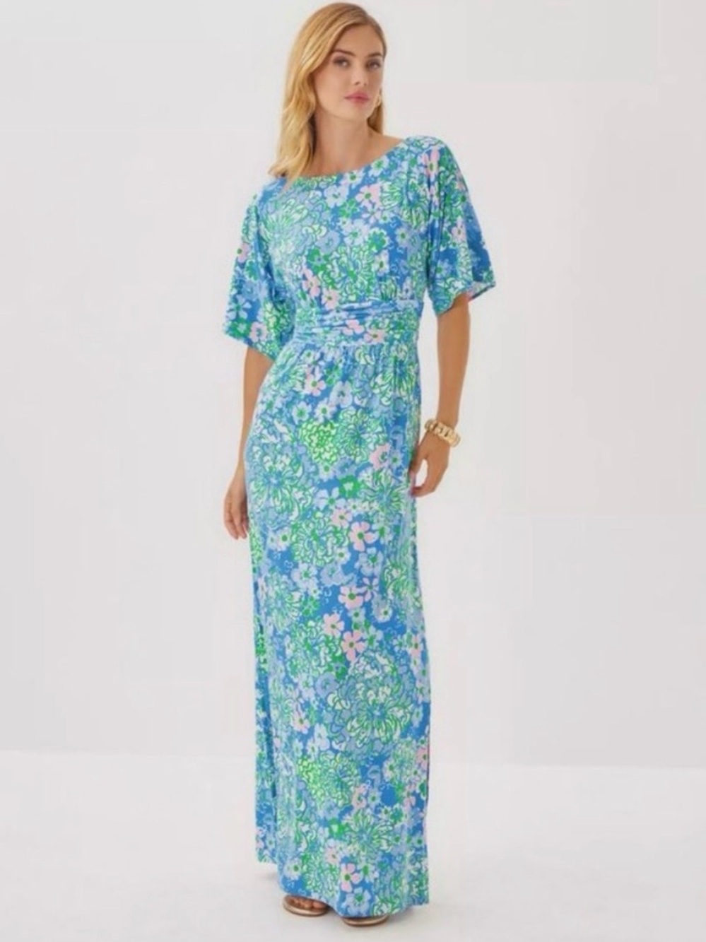 Lilly Pulitzer Parigi Boatneck Blue Green Floral Print Maxi Dress